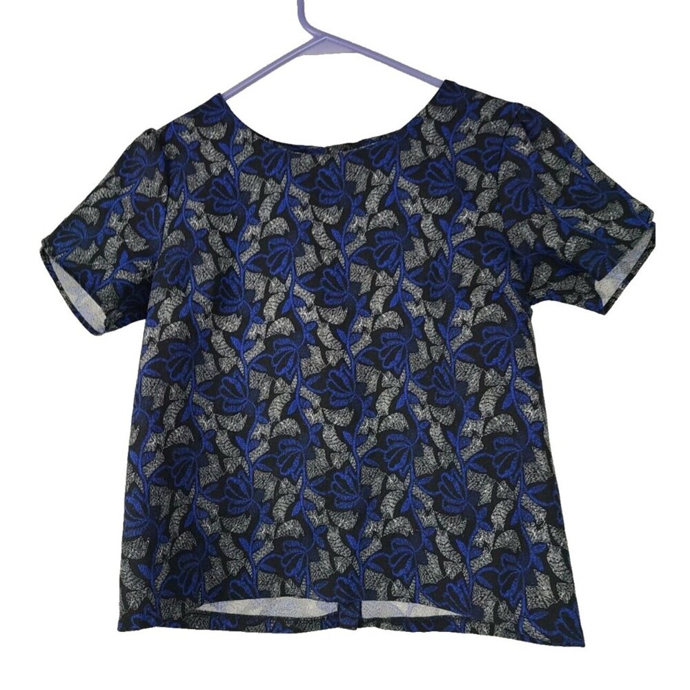 Aqua Womens Blouse Top XS Black Blue Floral Tulip Sleeve Round Neck Dark Fairy